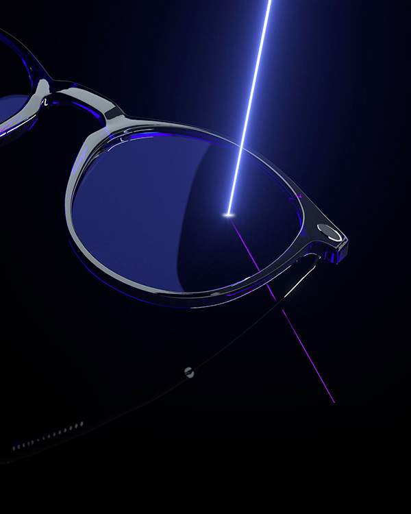 a pair of glasses with a blue light coming out of it.