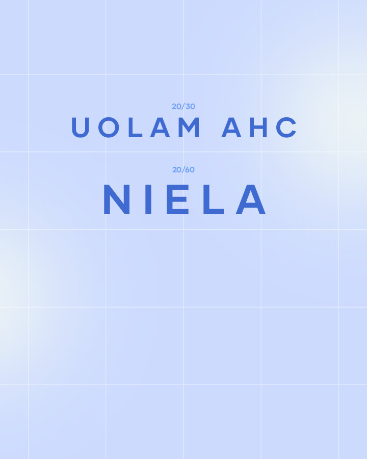 a blue background with the words, u - am ahc, niela,.